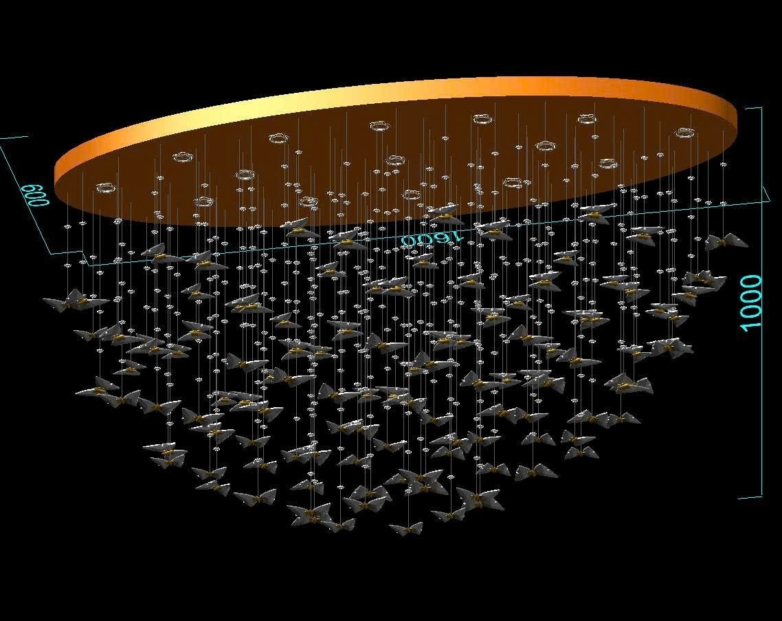 Đèn chùm pha lê thả thông minh PL064 gồm mâm Elip inox gương vàng 8k, 115 bướm và 15 đèn dimmer 3 màu điều khiển xa D40, KT(mm): L1800xW600xH1000